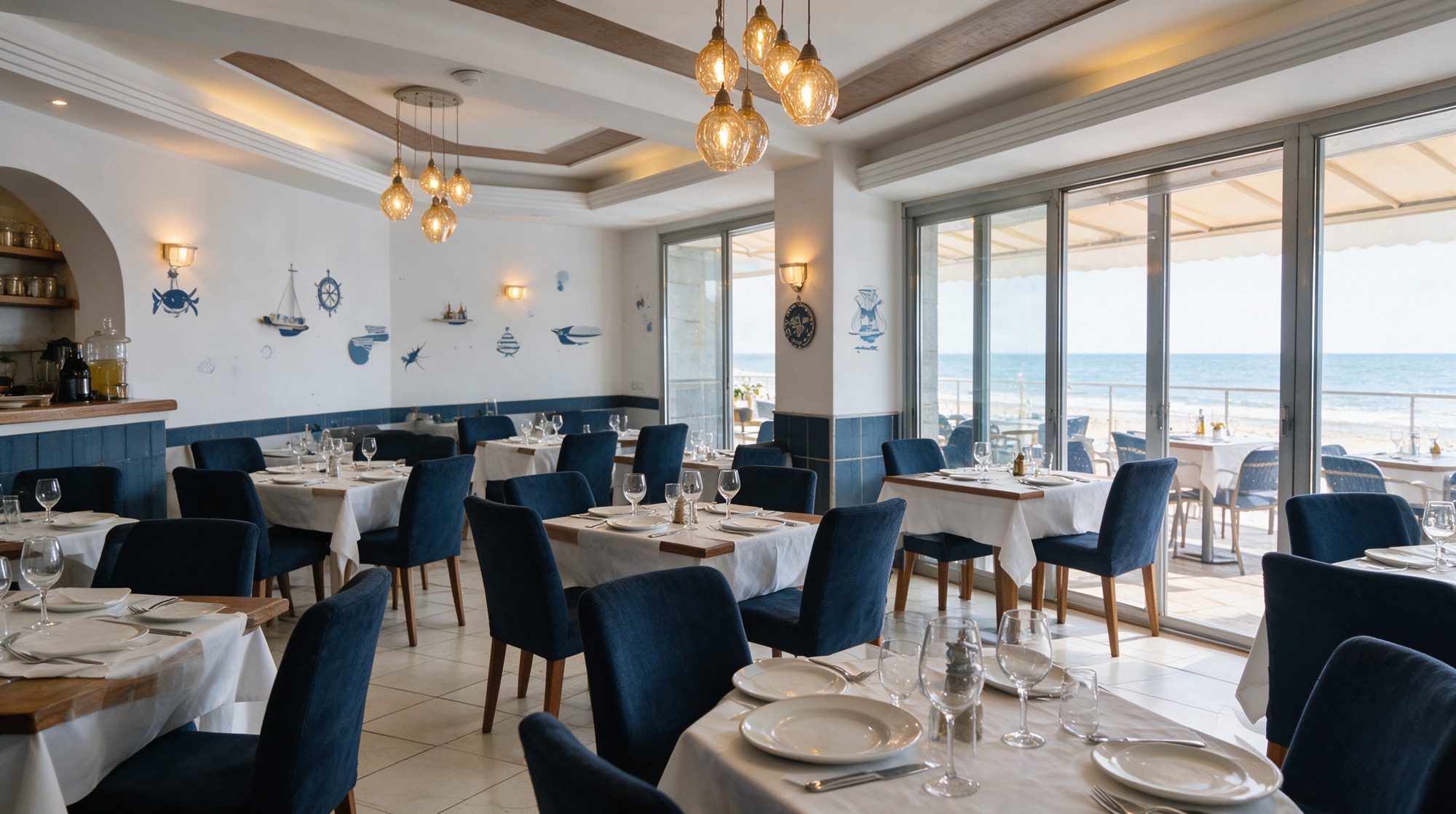Comedor interior de Bar Simón con decoración marinera en azul y blanco